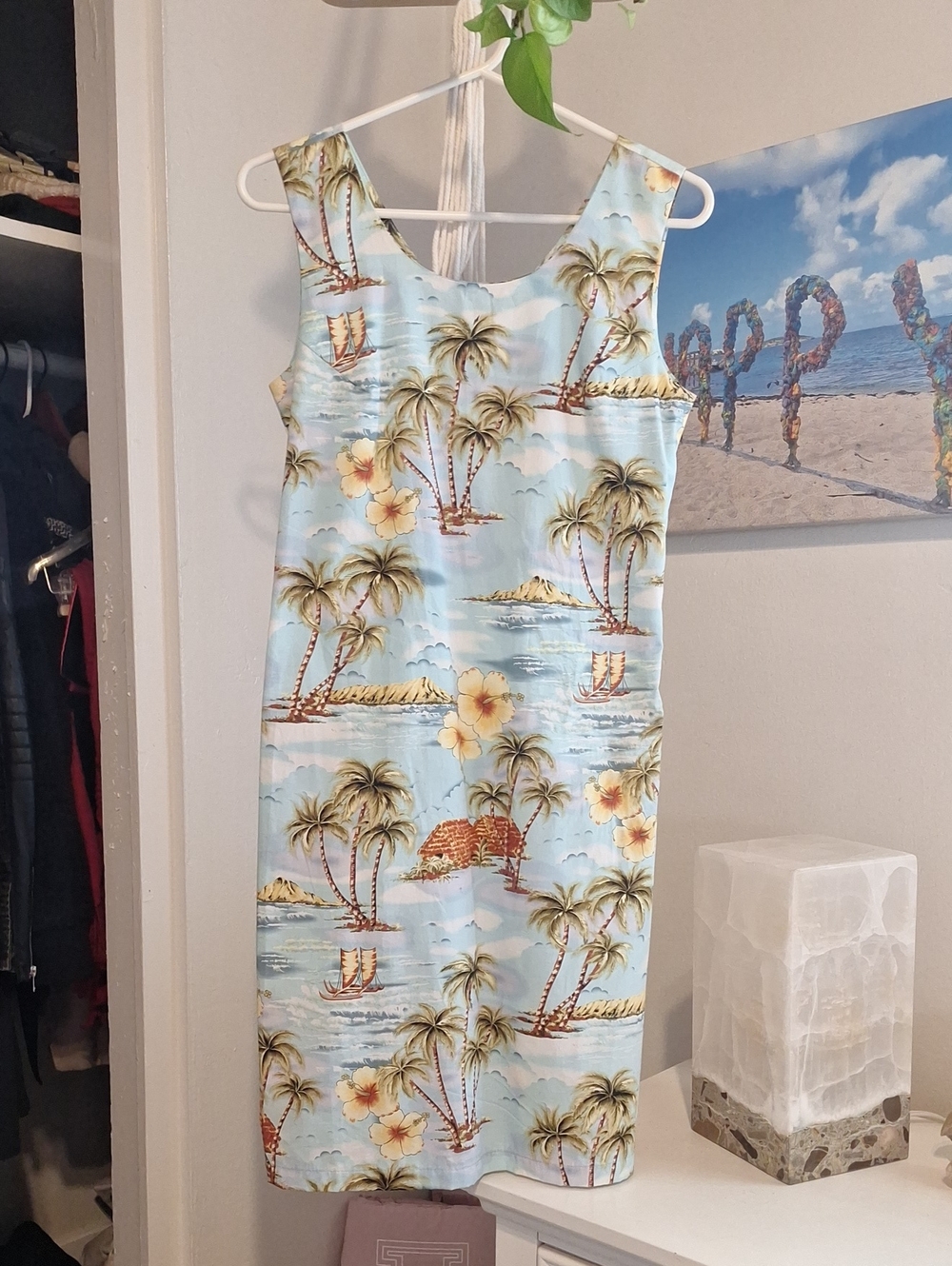 Tropical Palm Print Light Blue Midi Dress